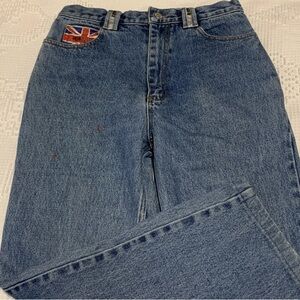 Vtg Michiko Koshino Denim Jeans 30 London British Flag Distressed Mid Straight